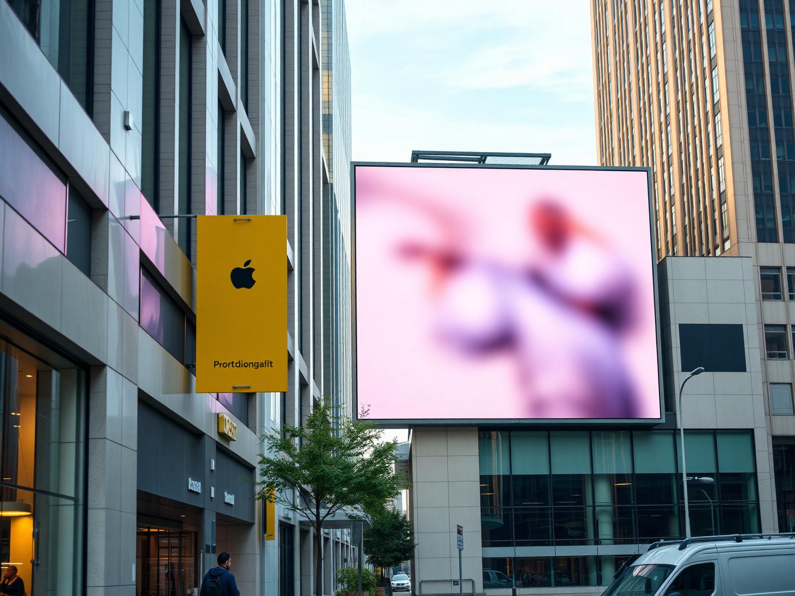 A large digital advertising screen on the side of a modern commercial building.