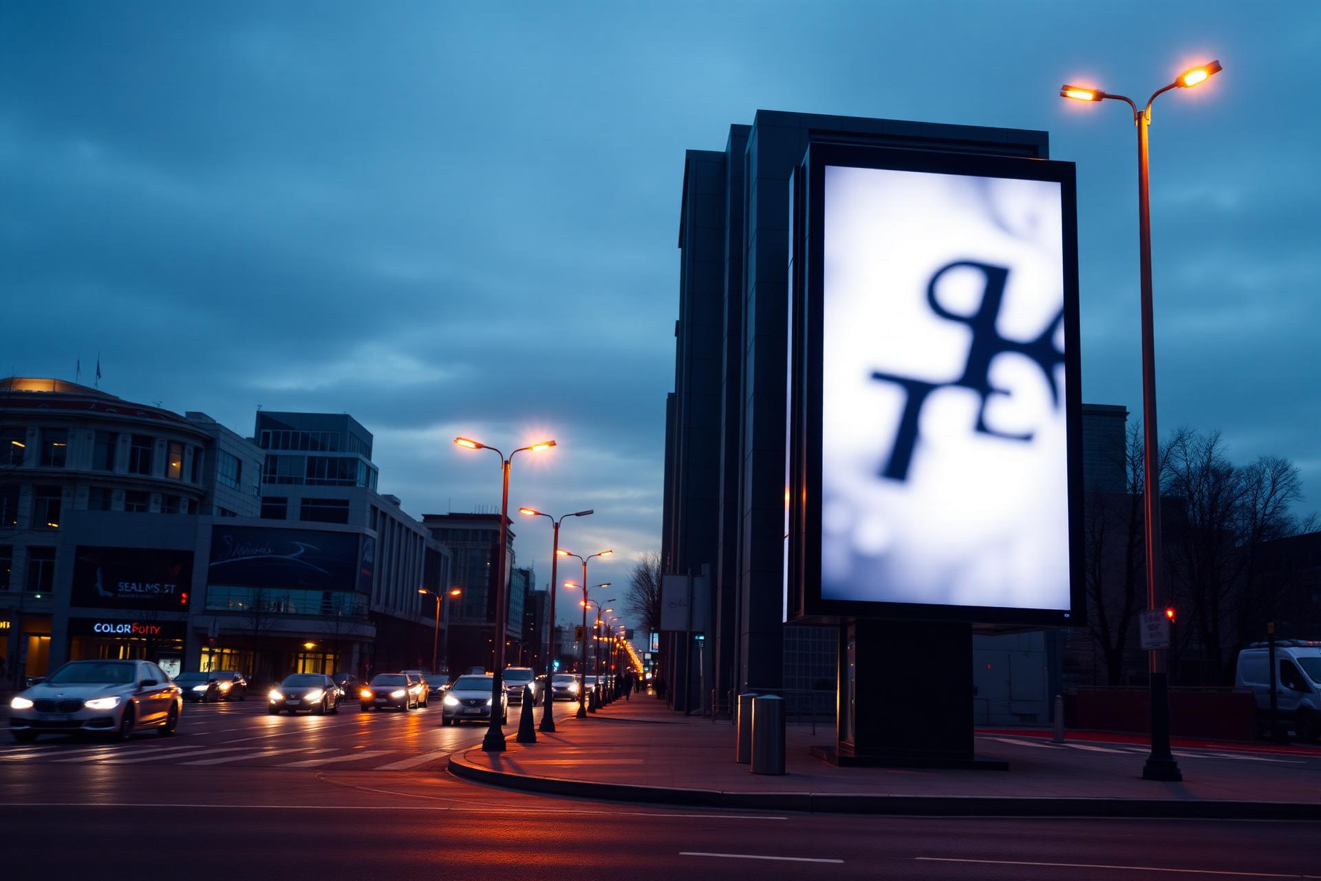 A digital billboard illuminated at dusk on a modern city street.